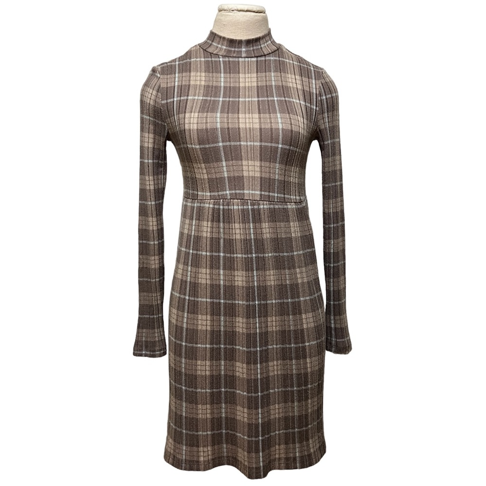 SO Juniors Knitted Plaid Dress Soft Teal and Beige with Ribbed  XS
